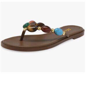 miss left Brown Jewelled Strap Open Toe Flip Flops Insole Slip on Thong Sandals